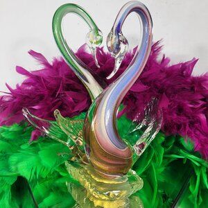 13" VINTAGE MURANO ART GLASS GREEN PINK GOLD FLECK SWAN BIRD SCULPTURE FIGURINE